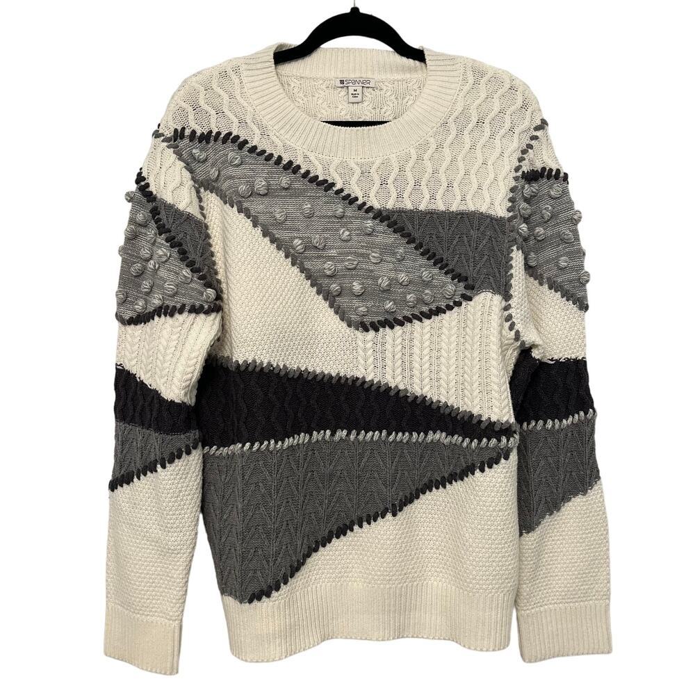 Vintage Grandpa Sweater 3D Cable Knit Cream Gray Black‎ Medium Chunky Patchwork